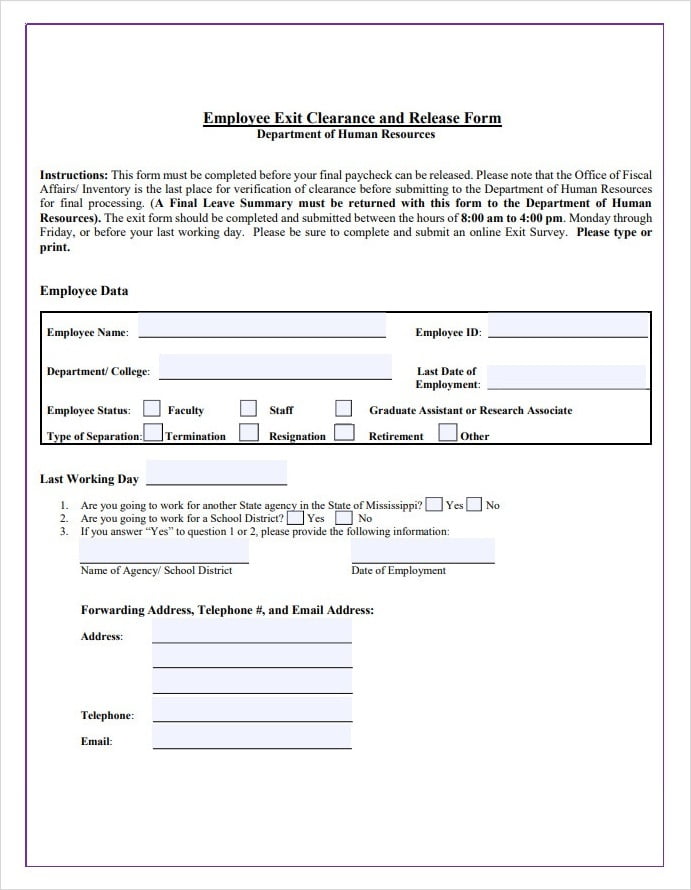 Employee Exit Clearance and Release Form