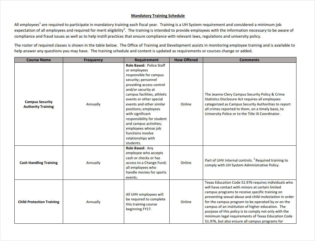 Employee Mandatory Training Schedule Template