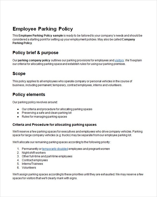 Employee Parking Policy Template