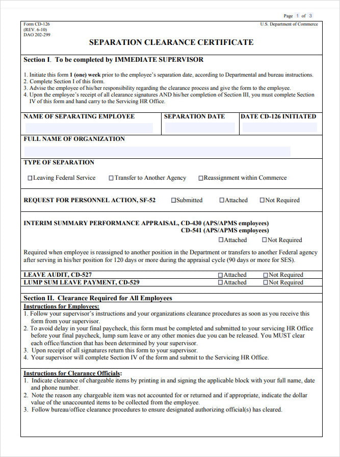 Employee Separation Clearance Certificate Form