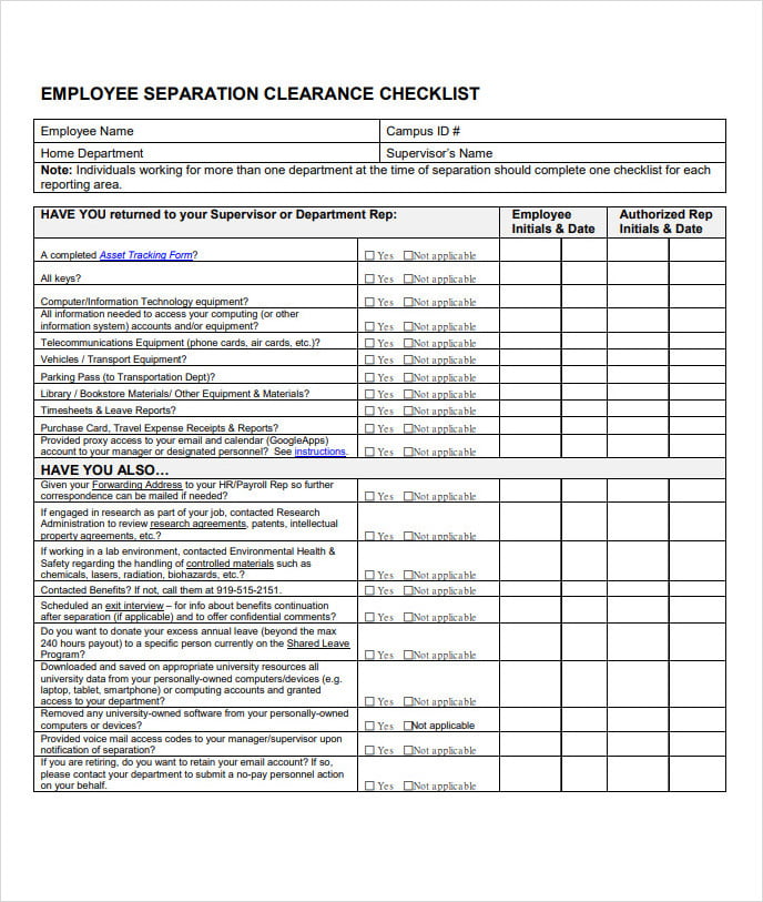 Employee Separation Clearance Checklist Form