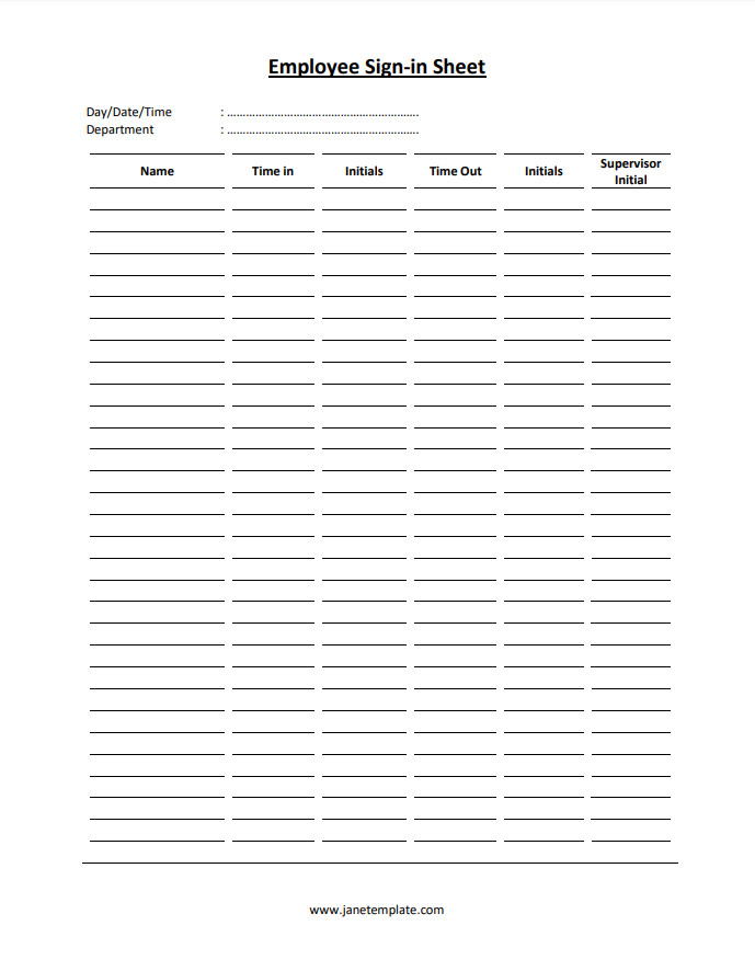 Employee sign-in sheet template featuring fields for employee names, dates, and signatures.