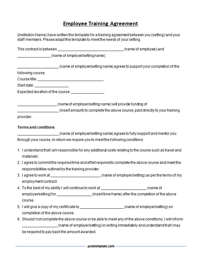 Formal Employee Training Agreement Template with sections for employee details, training program outline, and terms of agreement