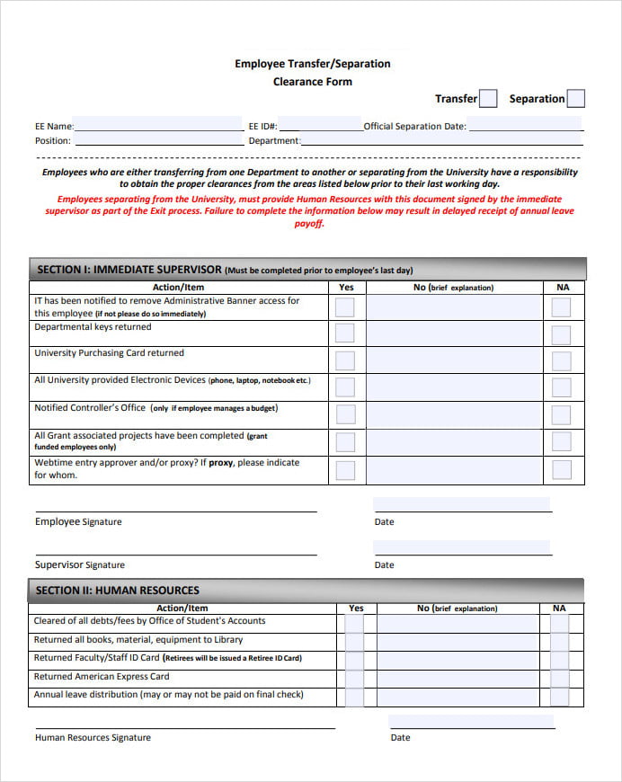 Employee Transfer Separation Clearance Form