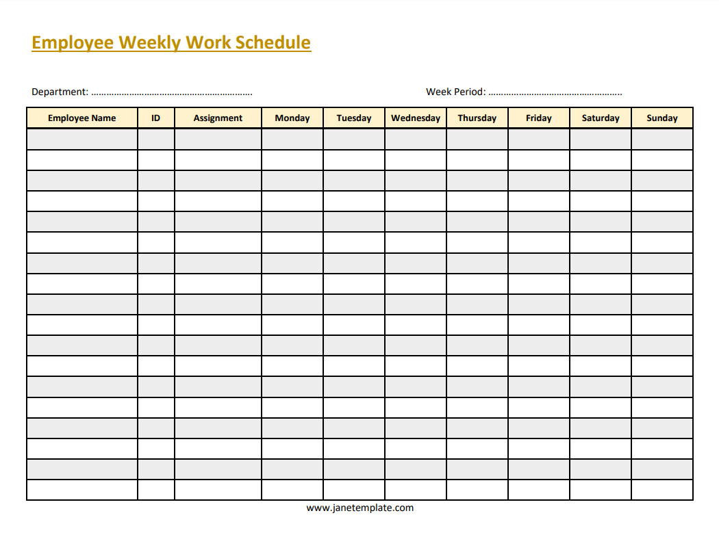 Simple employee weekly work schedule template featuring days of the week and shift hours