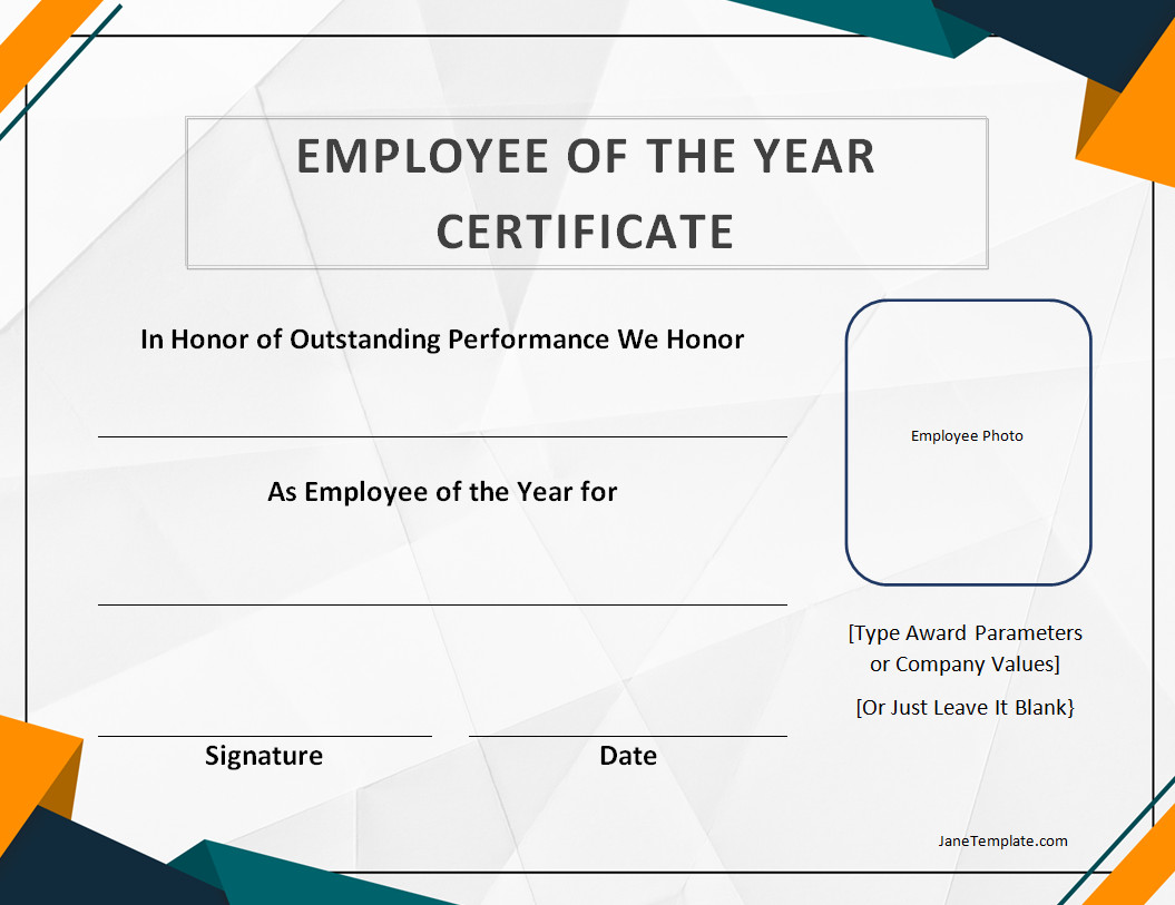 Modern Employee of the Year Certificate Template with sections for employee's name, achievement details, and manager's signature