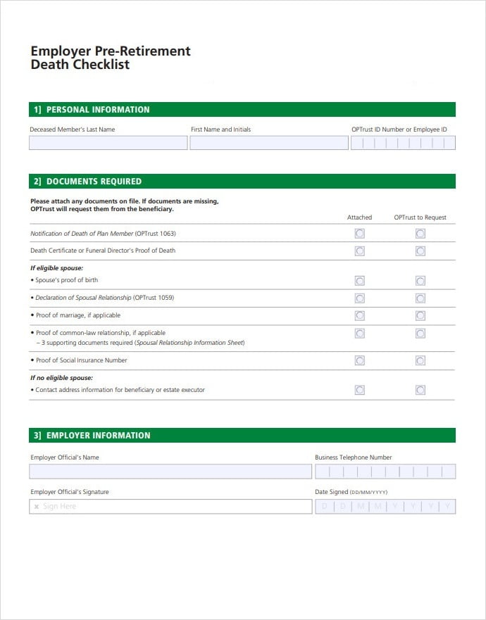 Employer Pre Retirement Death Checklist Template