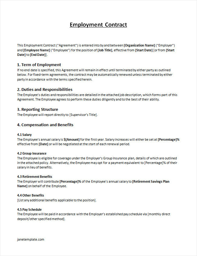 Employment contract template with sections for job title, salary, and terms of employment.