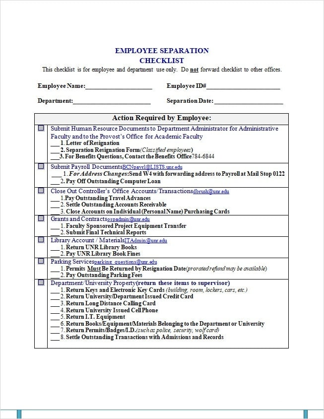 Employment Separation Checklist Form