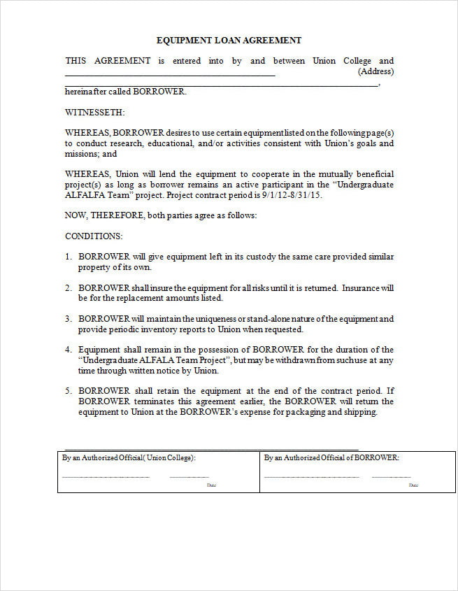 Equipment Loan Agreement Template Word