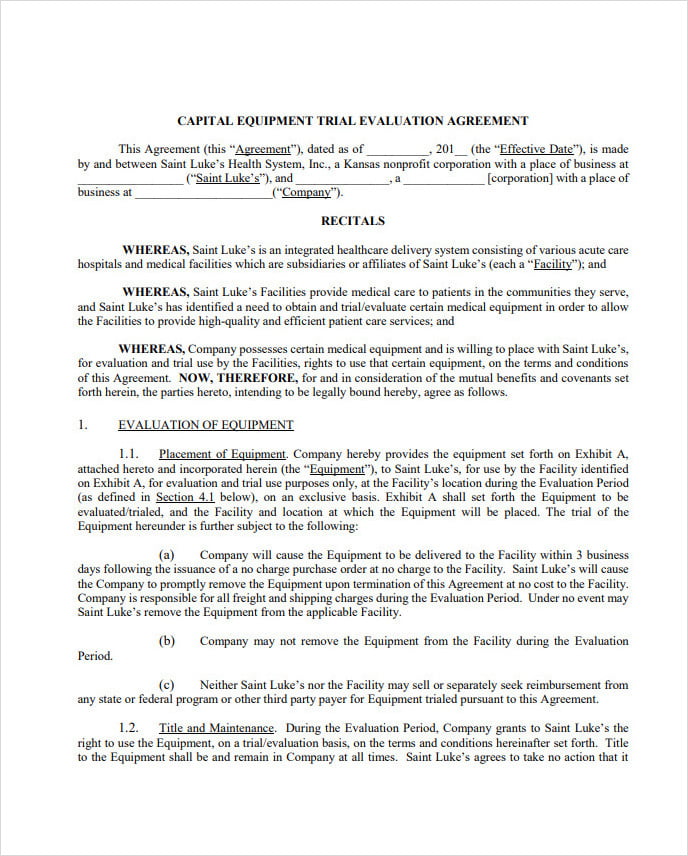 Equipment Trial Agreement Form Template