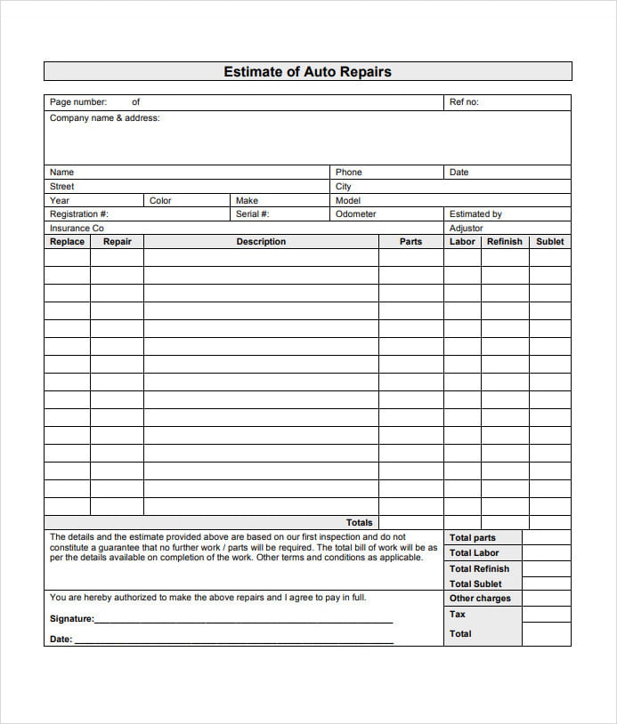 Estimate Template of Auto Repairs