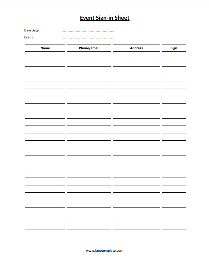 Customizable event sign-in sheet template for tracking attendee attendance and gathering contact information.