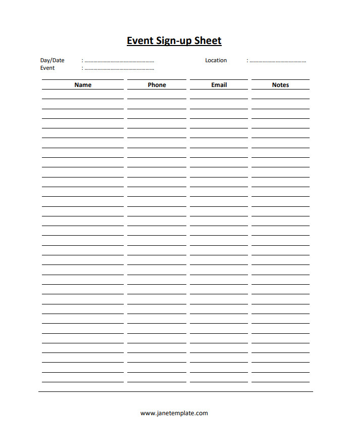 Certainly, here are three alternative text samples for an image of an event sign-up sheet template:1. "Event sign-up sheet template with fields for participant names, contact information, and preferred time slots" 2. "Customizable event sign-up sheet template for organizing volunteer shifts, attendees, and activities" 3. "Professional sign-up sheet template for events featuring sections for name, email, and event details".