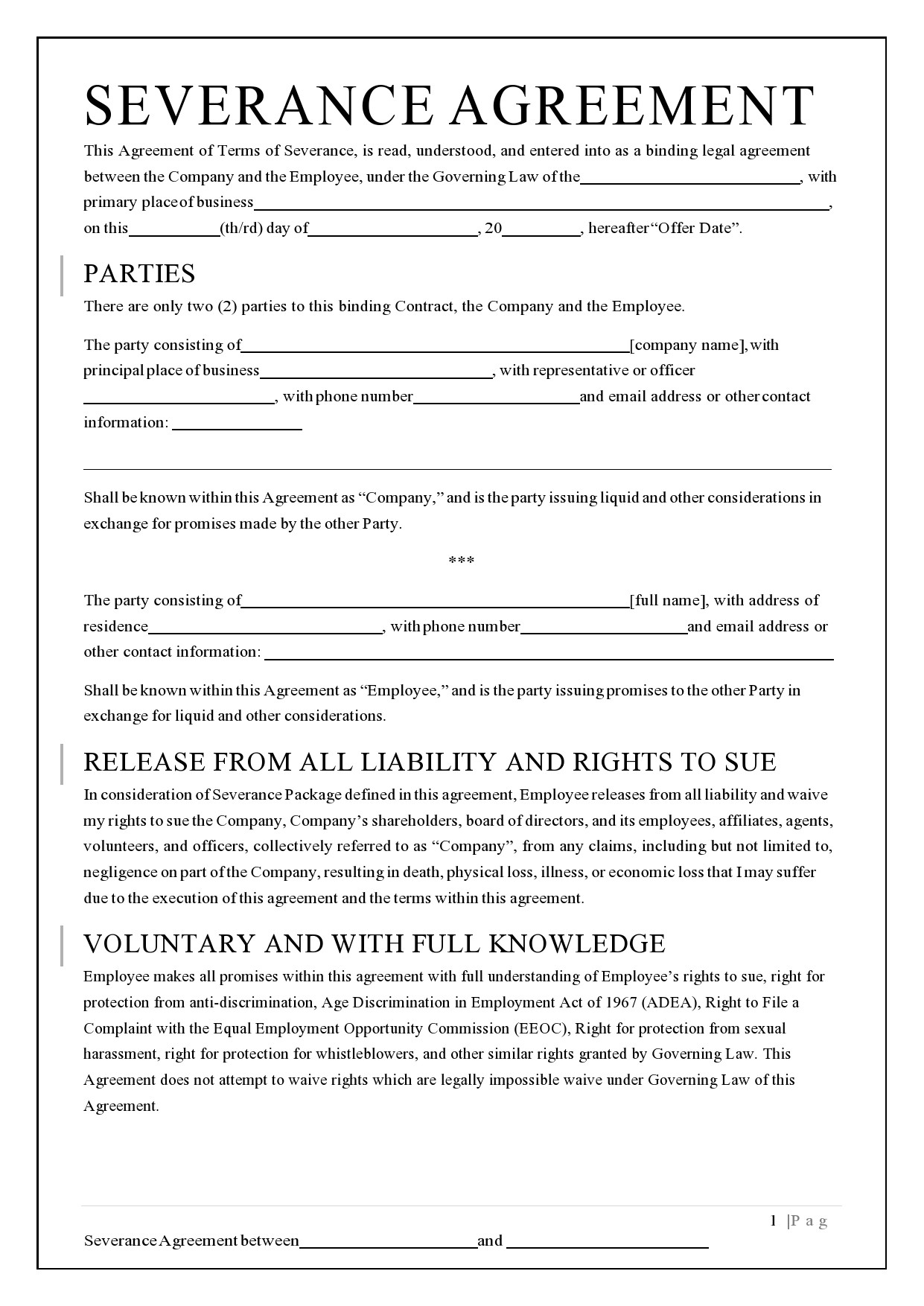 Example of Printable Severance Agreement Template