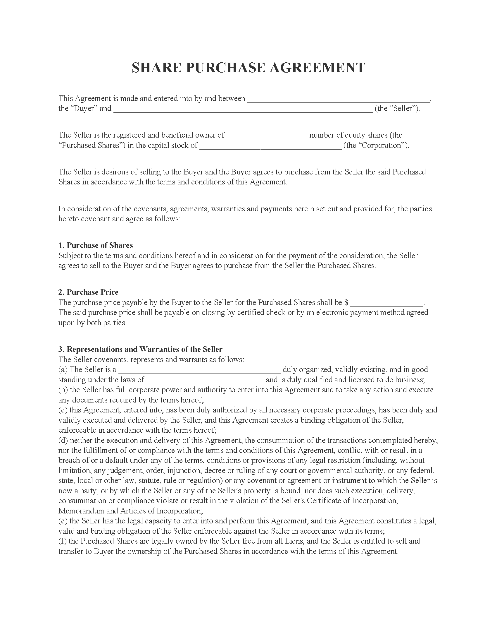 Example of Printable Share Purchase Agreement Template