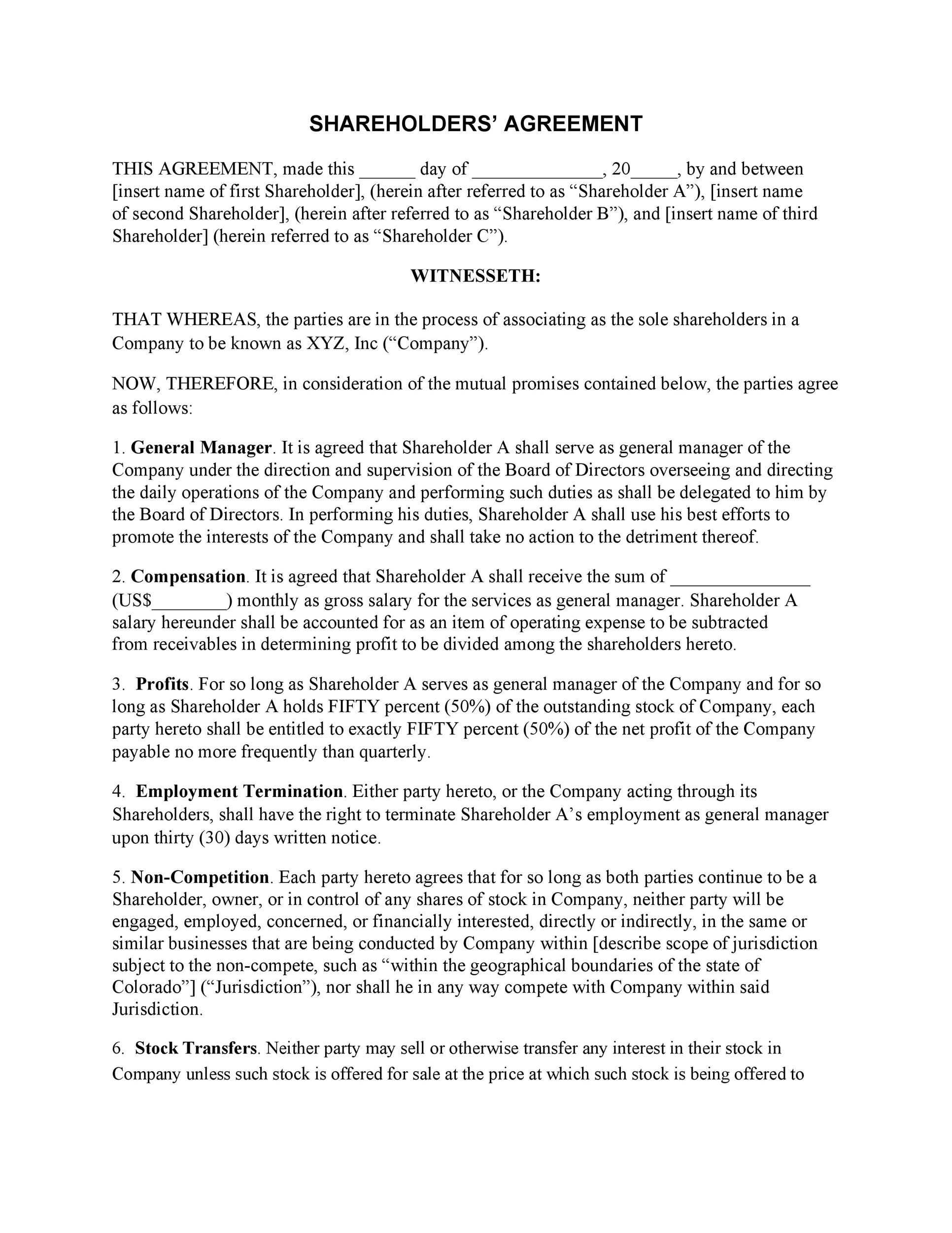 Example of Printable Shareholders Agreement Template