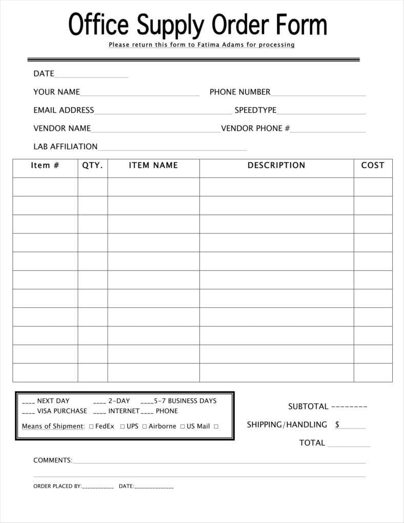 Example of Printable Supply Order Sheet Template