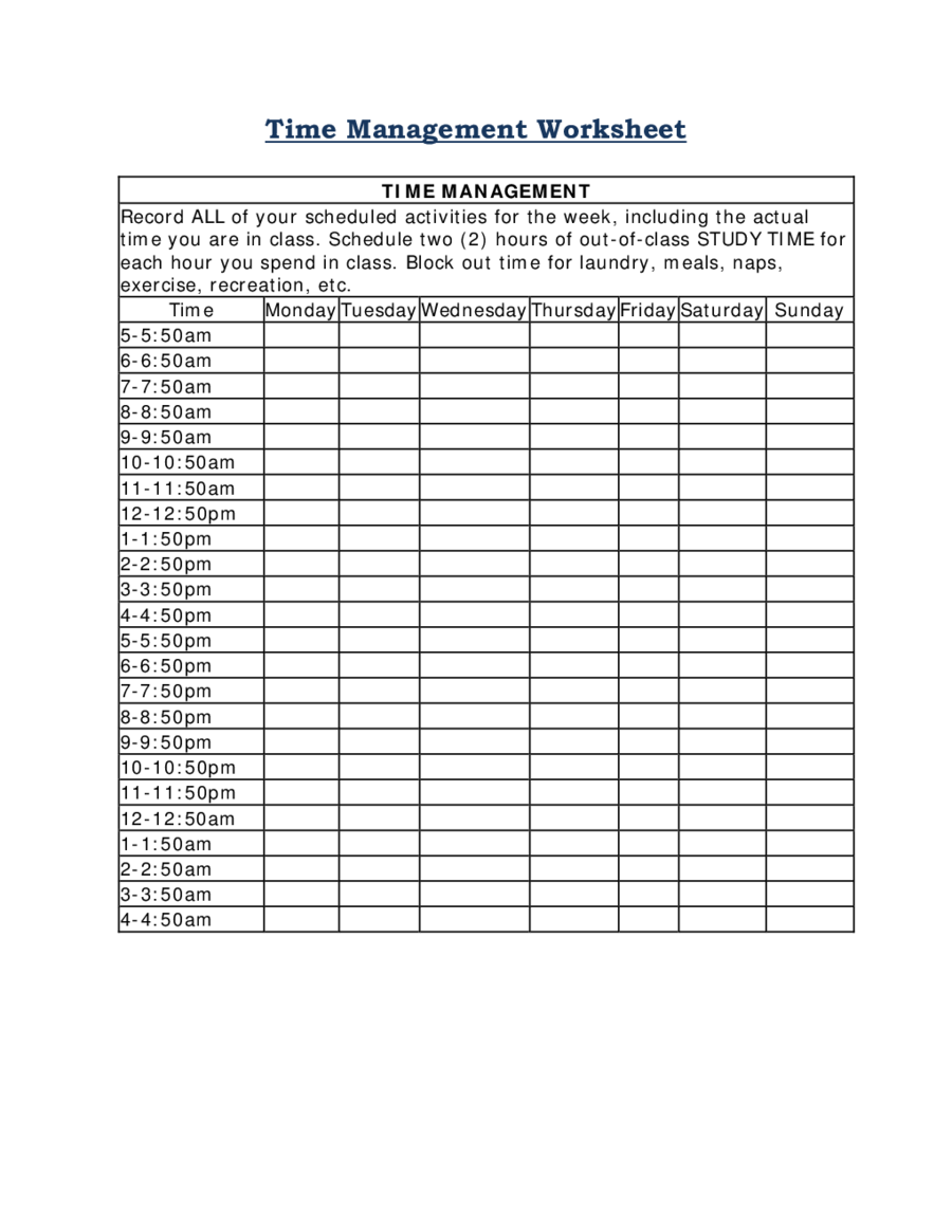 Example of Printable Time Management Worksheet Template