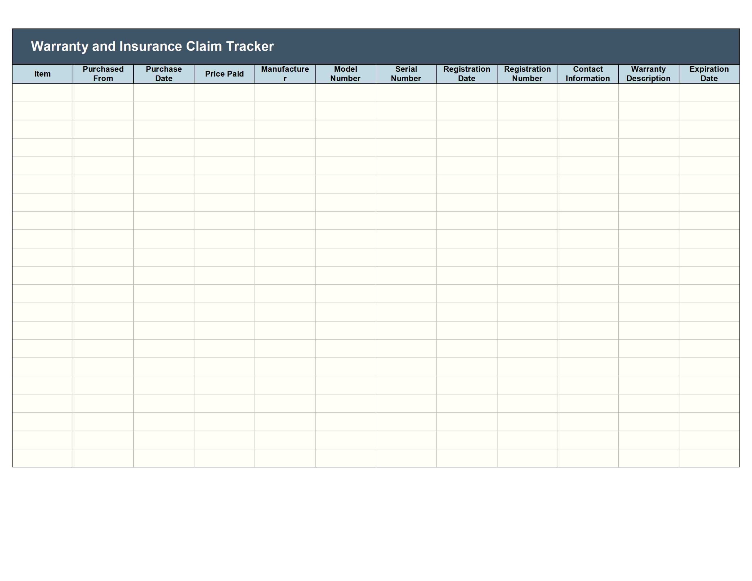 Example of Printable Warranty Tracker Template