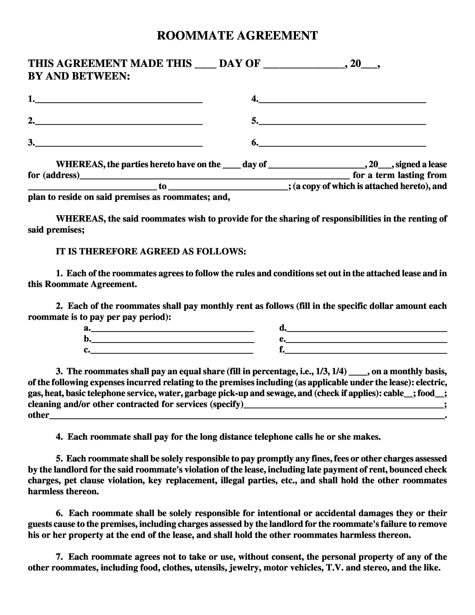 Example of Roommate Agreement Template