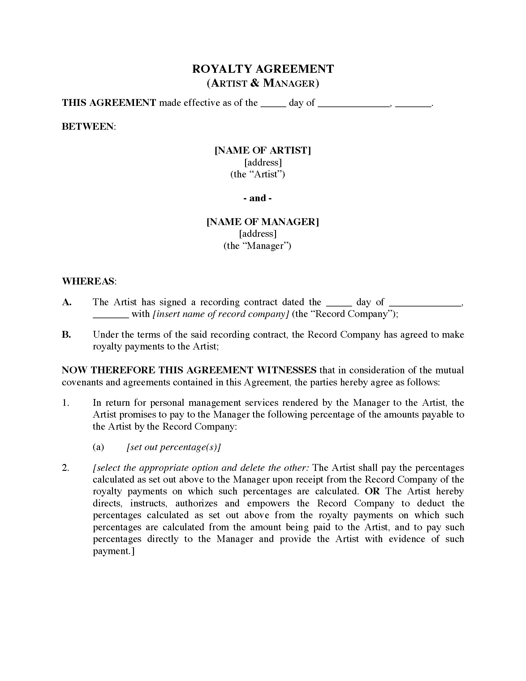 Example of Royalty Agreement Template