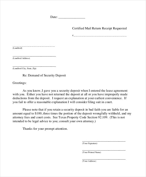 Example of Security Deposit Demand Letter Template