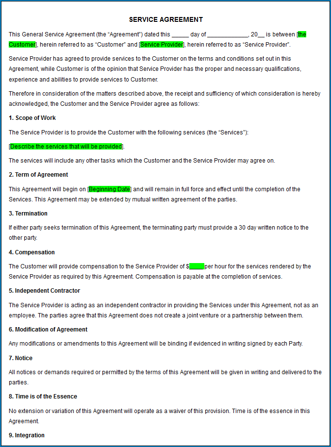 Example of Service Agreement Contract Template