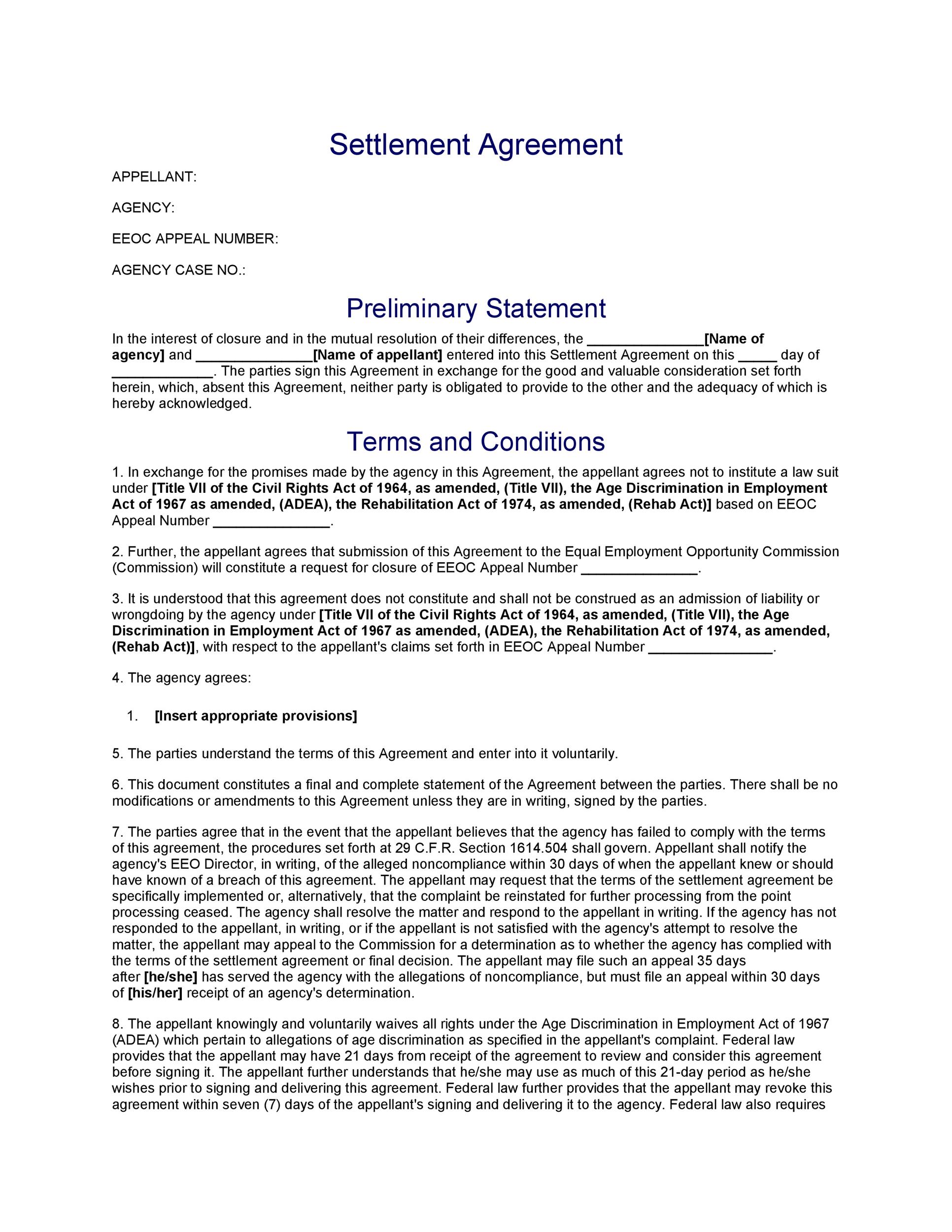 Example of Settlement Agreement Template