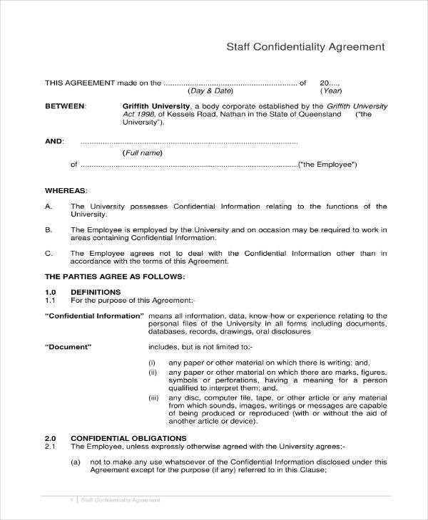 Example of Staff Confidentiality Agreement Template