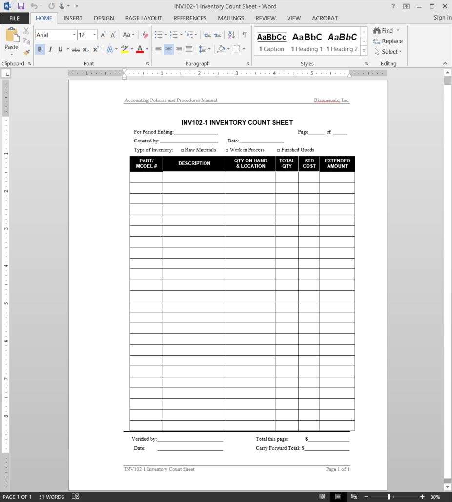 Example of Stock Count Sheet Template