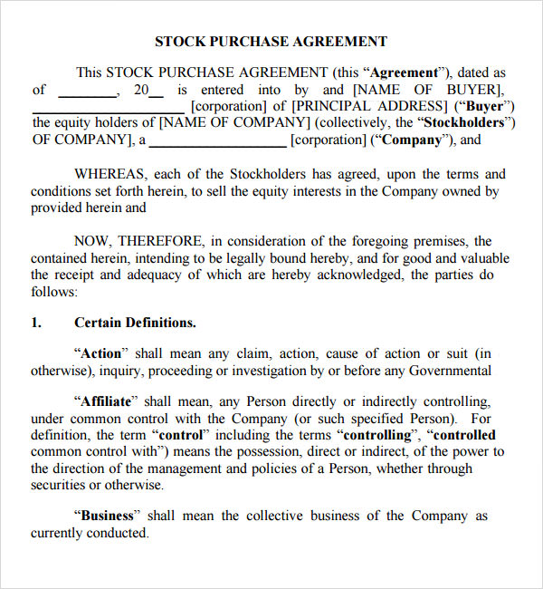 Example of Stock Purchase Agreement Template