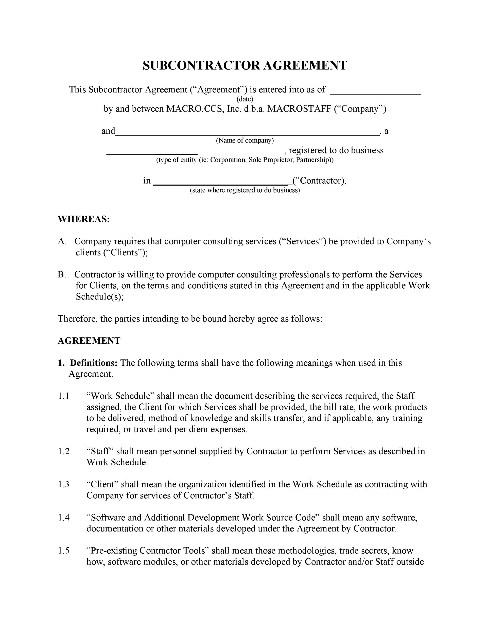 Example of Subcontractor Agreement Template