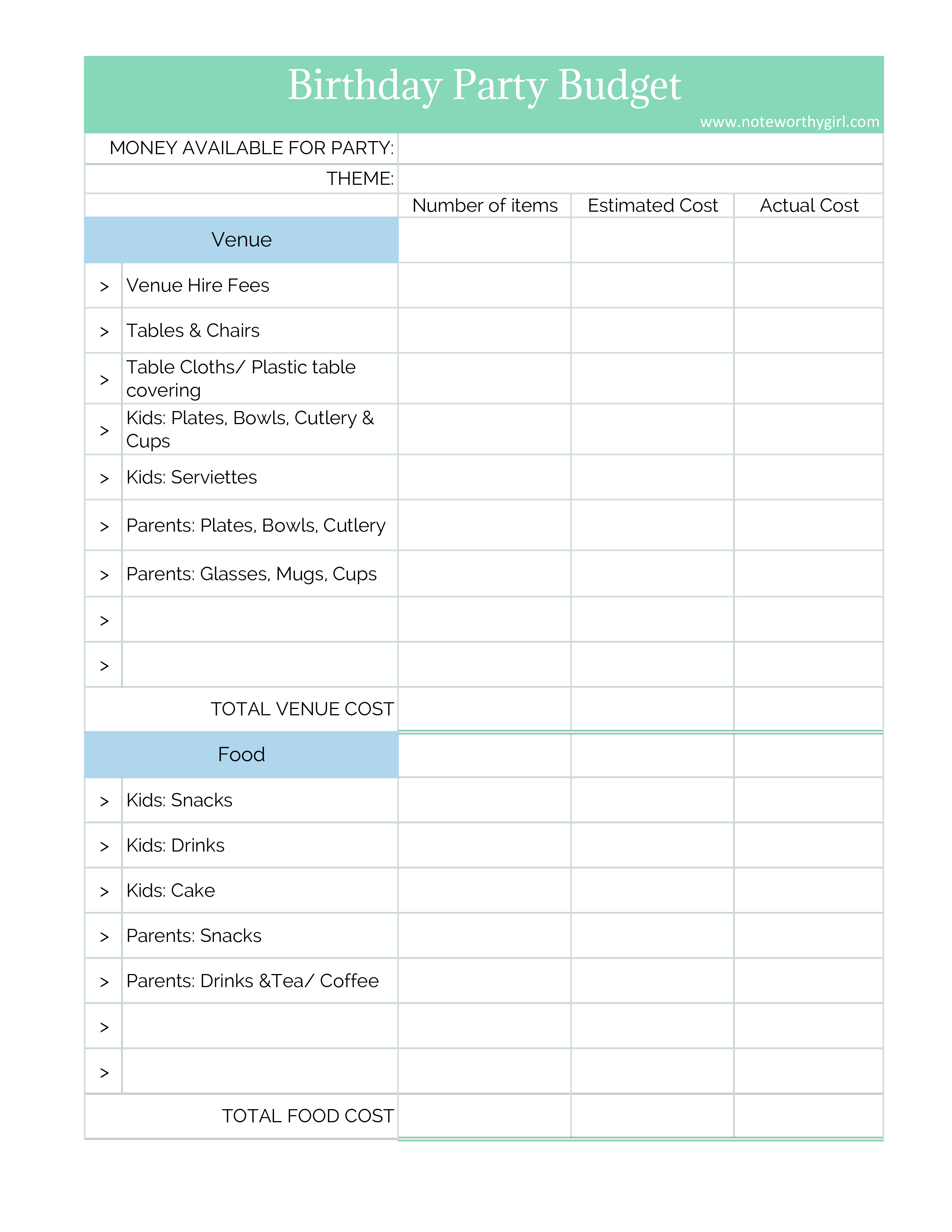 Example of Summer Party Budget Worksheet Template