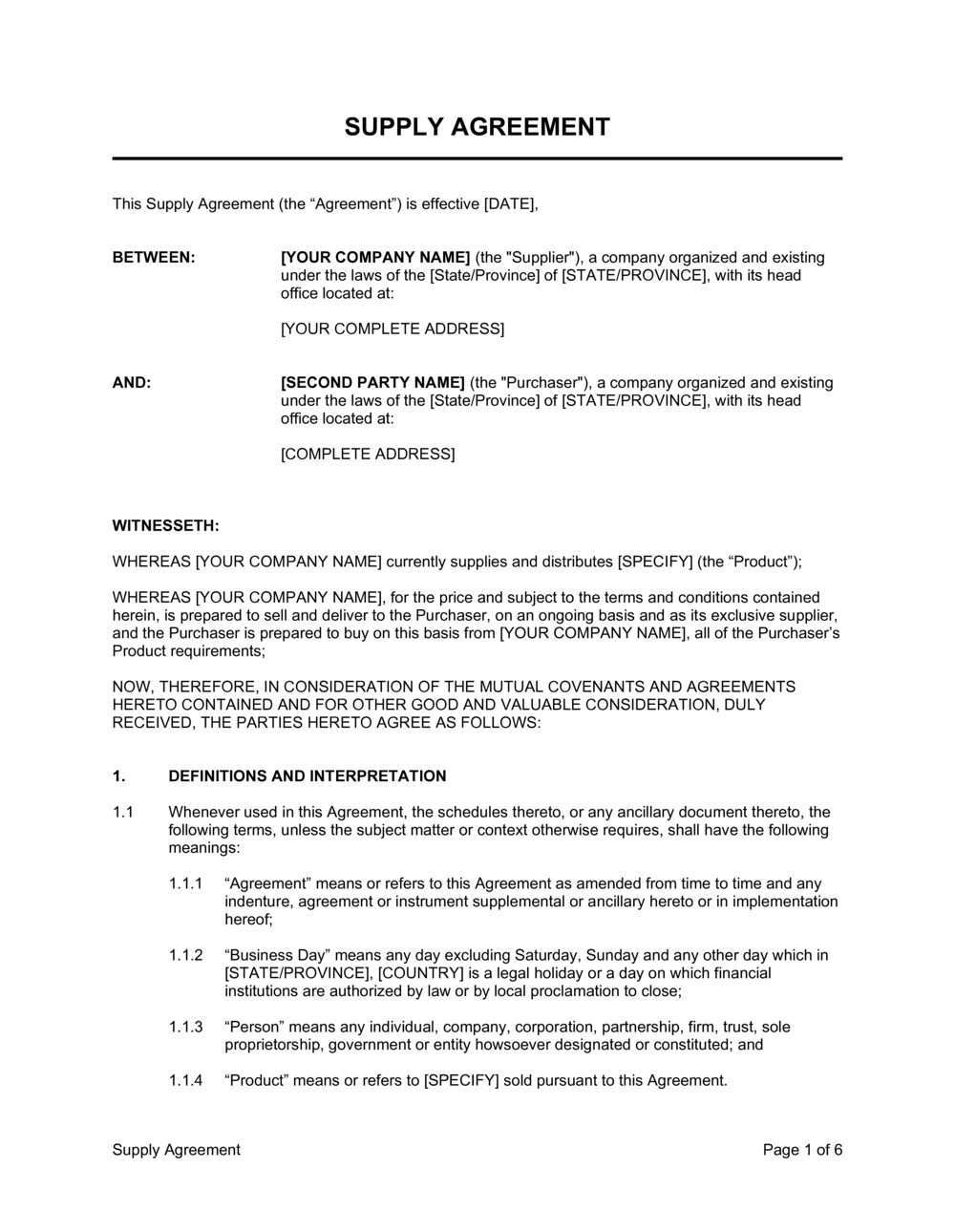 Example of Supply Contract Agreement Template