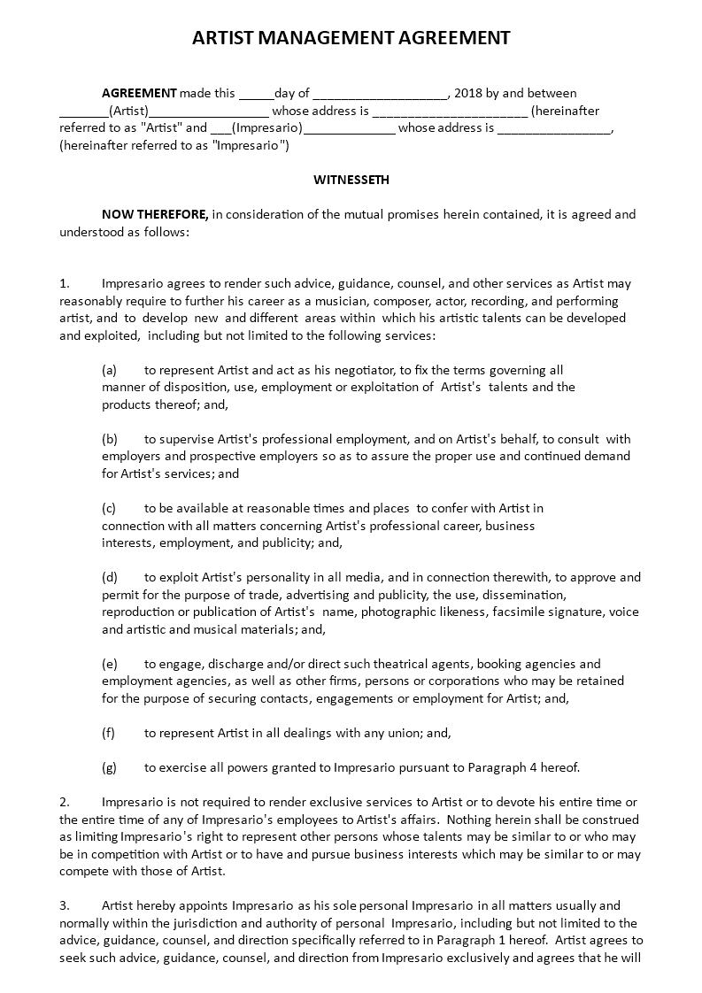 Example of Talent Management Agreement Template