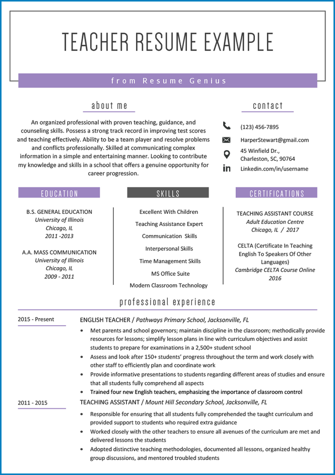 Example of Teacher Resume Template