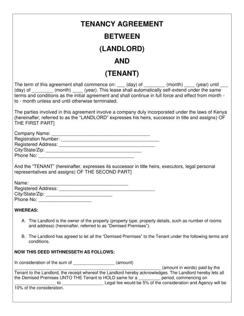 Example of Tenancy Lease Agreement Template