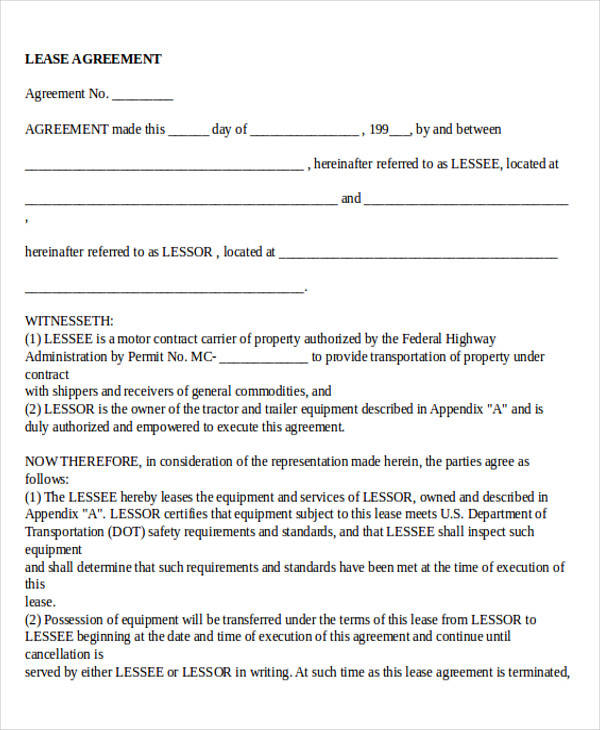 Example of Truck Lease Agreement Template