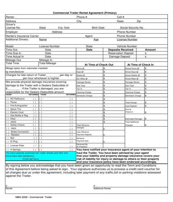 Example of Utility Trailer Rental Agreement Template