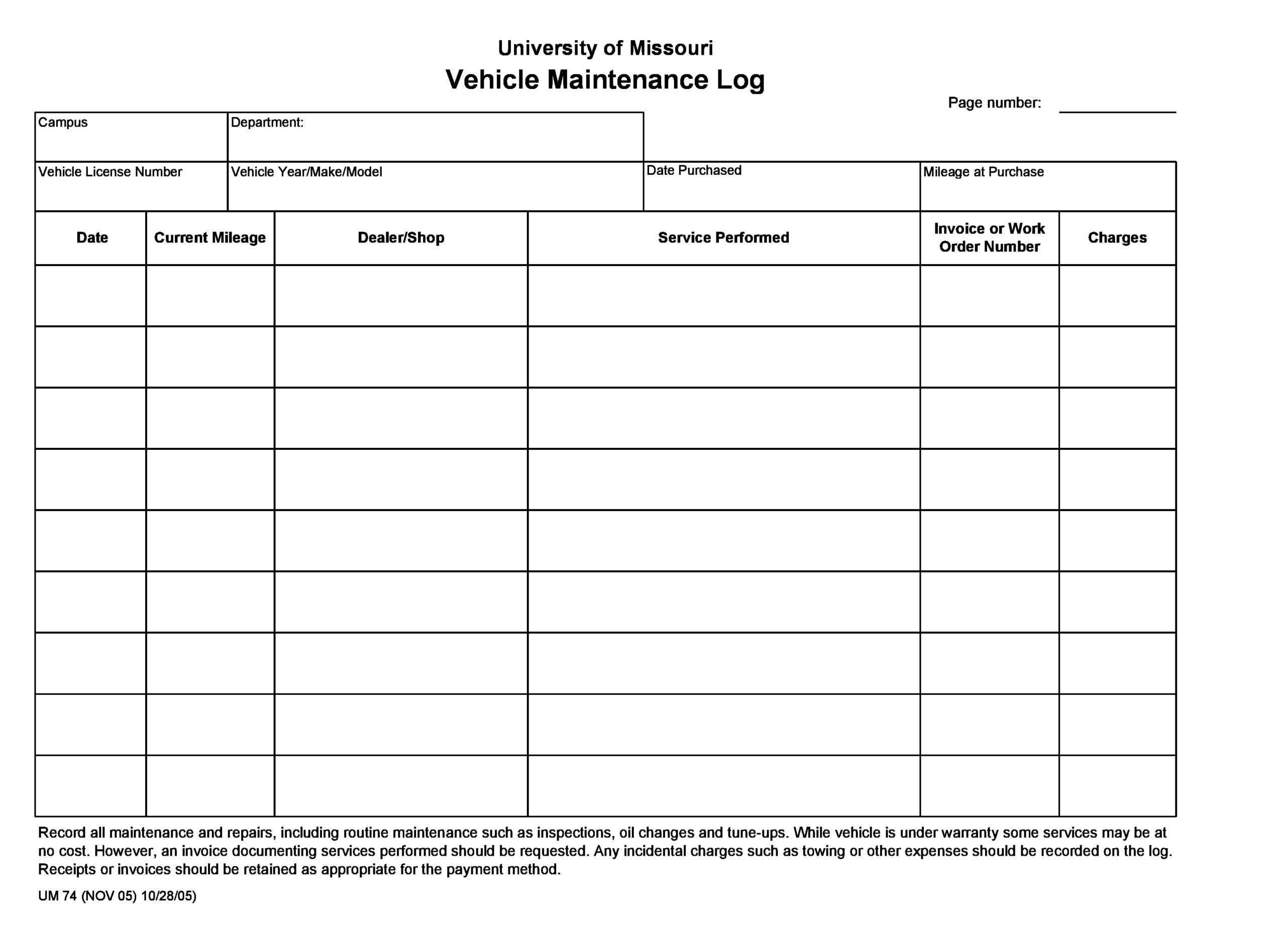 Example of Vehicle Repair Record Worksheet Template