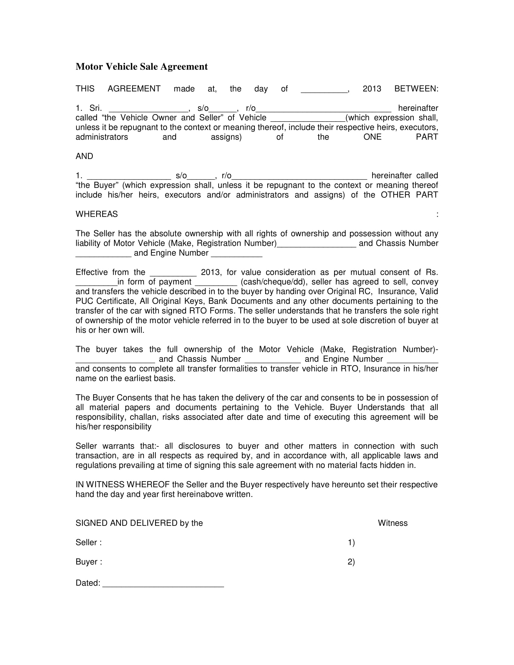 Example of Vehicle Sales Agreement Template