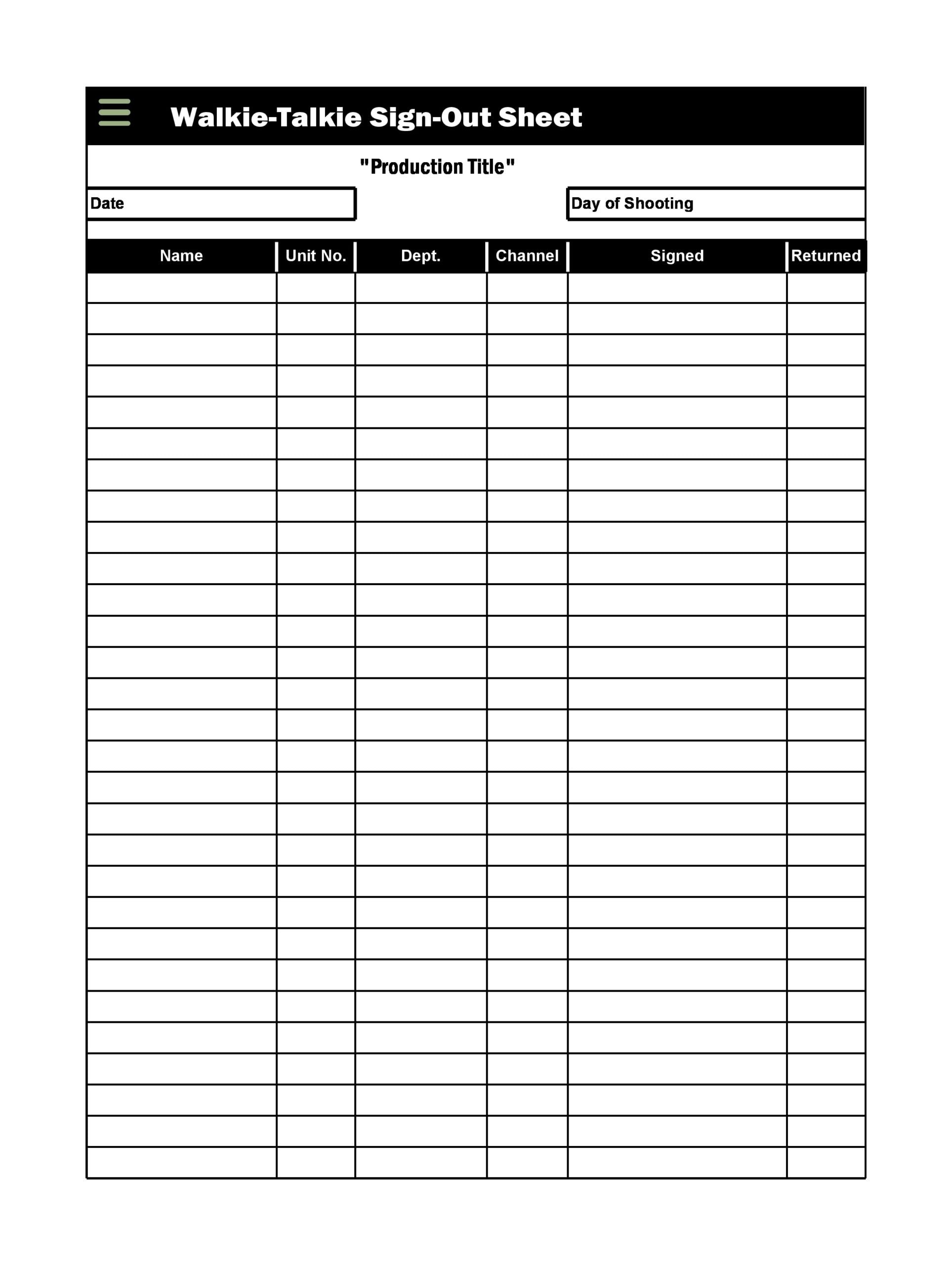 Example of Vehicle Sign out Sheet Template