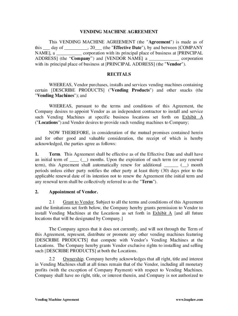 Example of Vending Machine Agreement Template