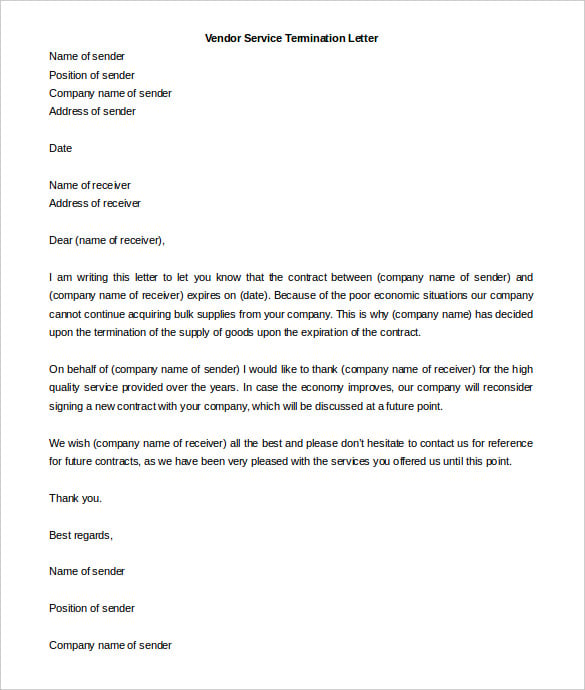 Example of Vendor Termination Letter Template