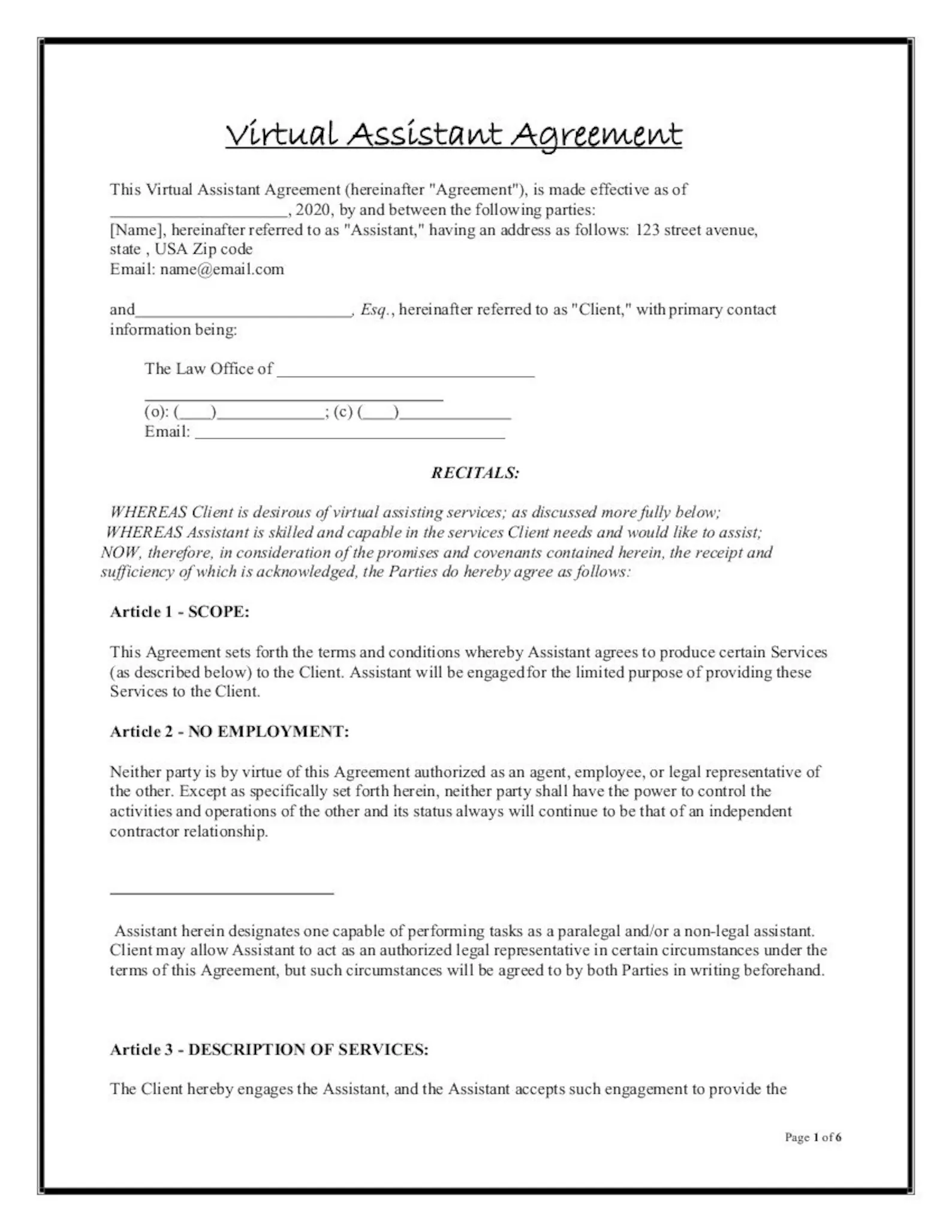 Example of Virtual Assistant Agreement Template