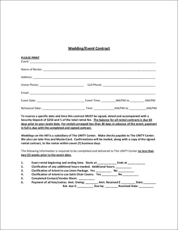 Example of Wedding Agreement Template