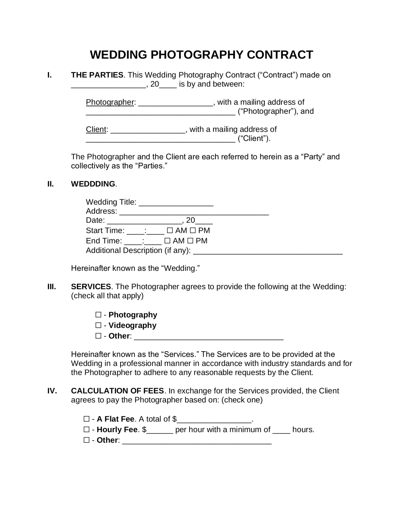 Example of Wedding Photography Agreement Template