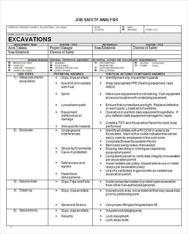 Excavation Job Safety Analysis Template