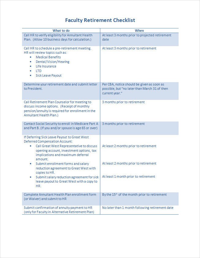 Faculty Pre retirement Checklist Template